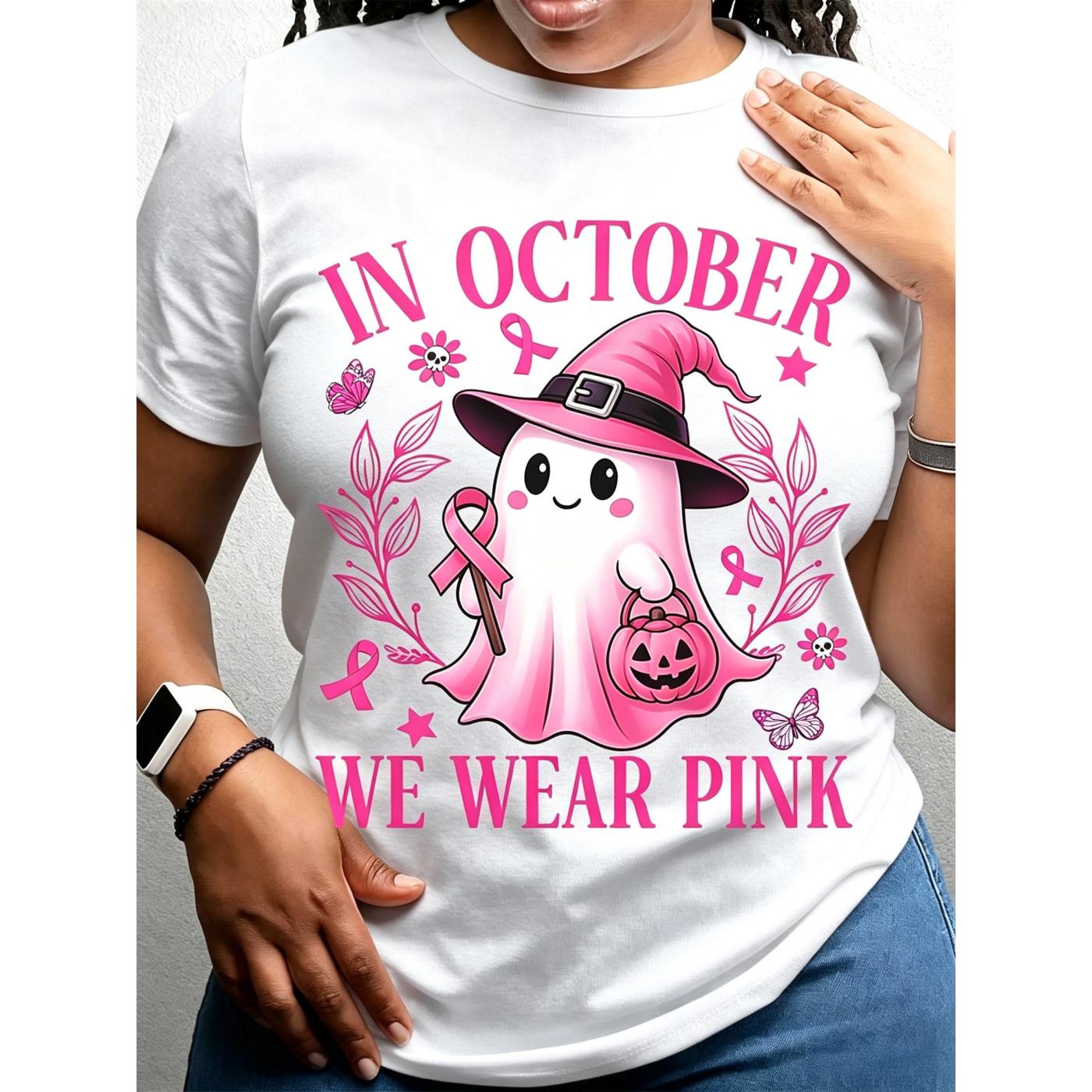 Women Halloween Ghost Witch Pink Ribbon Breast Cancer Awareness T-Shirt In October We Wear Pink Round Neck Short Sleeve Casual Autumn Fashion Top