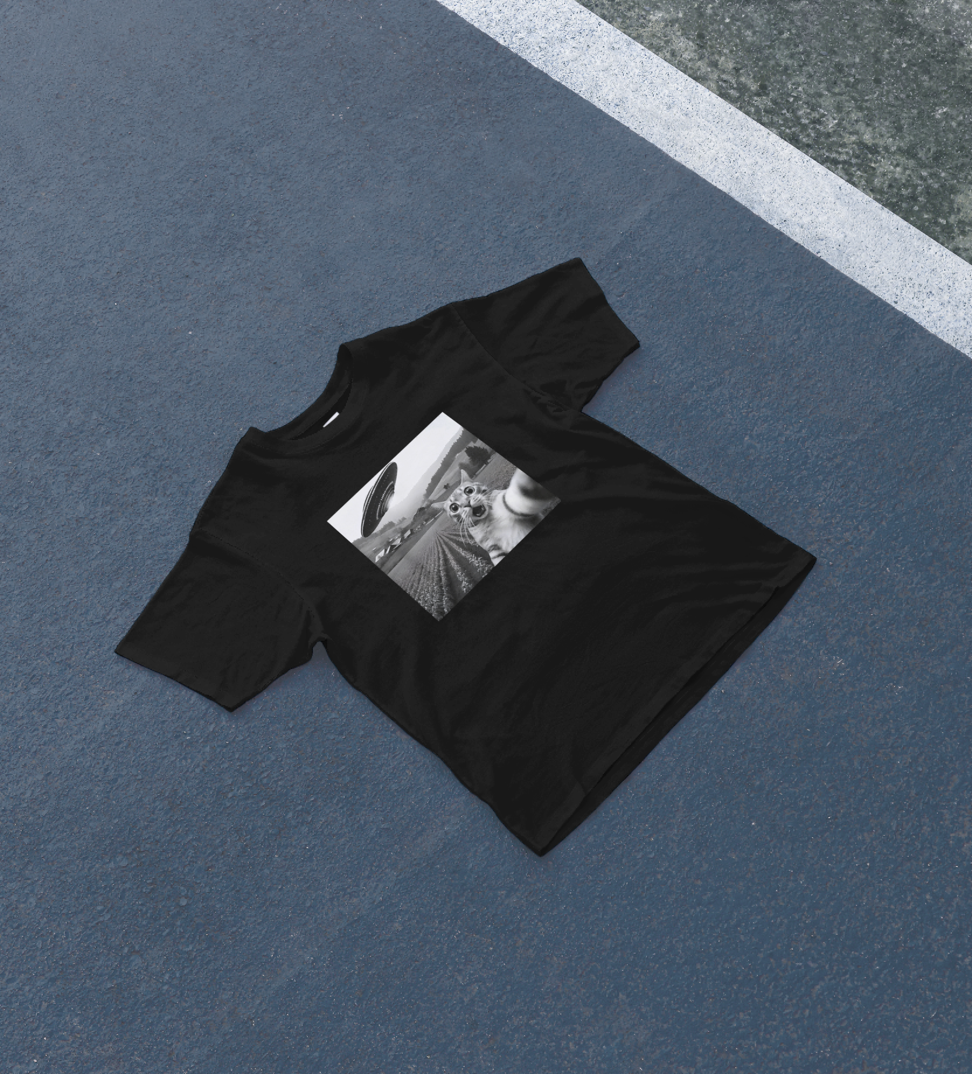 DIYANYONE Original Viral Meme Tee: Cat Selfie with UFO Abduction