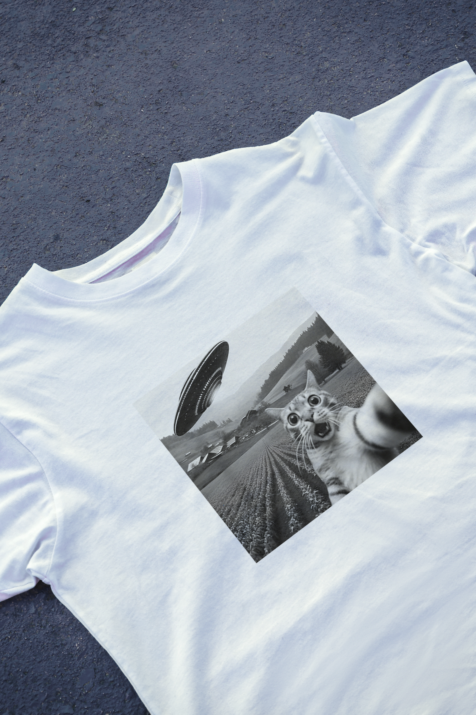 DIYANYONE Original Viral Meme Tee: Cat Selfie with UFO Abduction