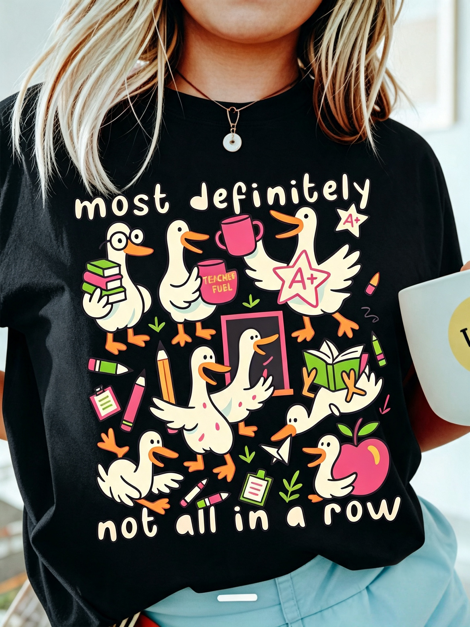 Cute Duck Teacher Graphic T‑Shirt for Women, Fun Teacher Life Casual Crewneck Short Sleeve Tee, Educator Appreciation Gift Top