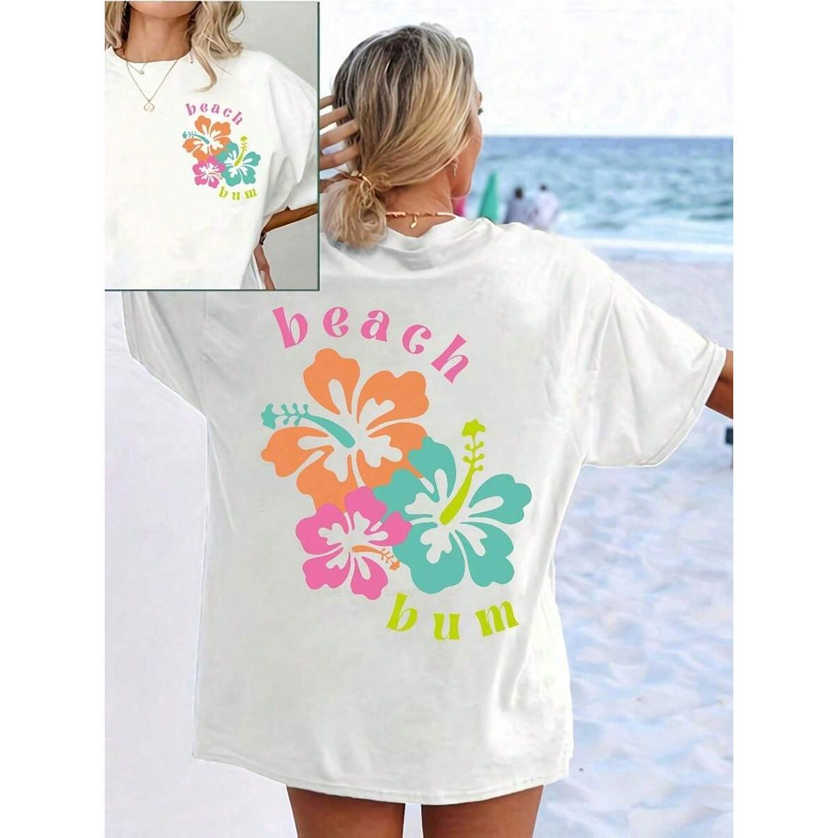 Women's Floral Print Drop Shoulder T-Shirt | Casual Short Sleeve Crew Neck Top With "Beach Bum" Design - Comfortable Breathable Pure Fabric For Spring Summer