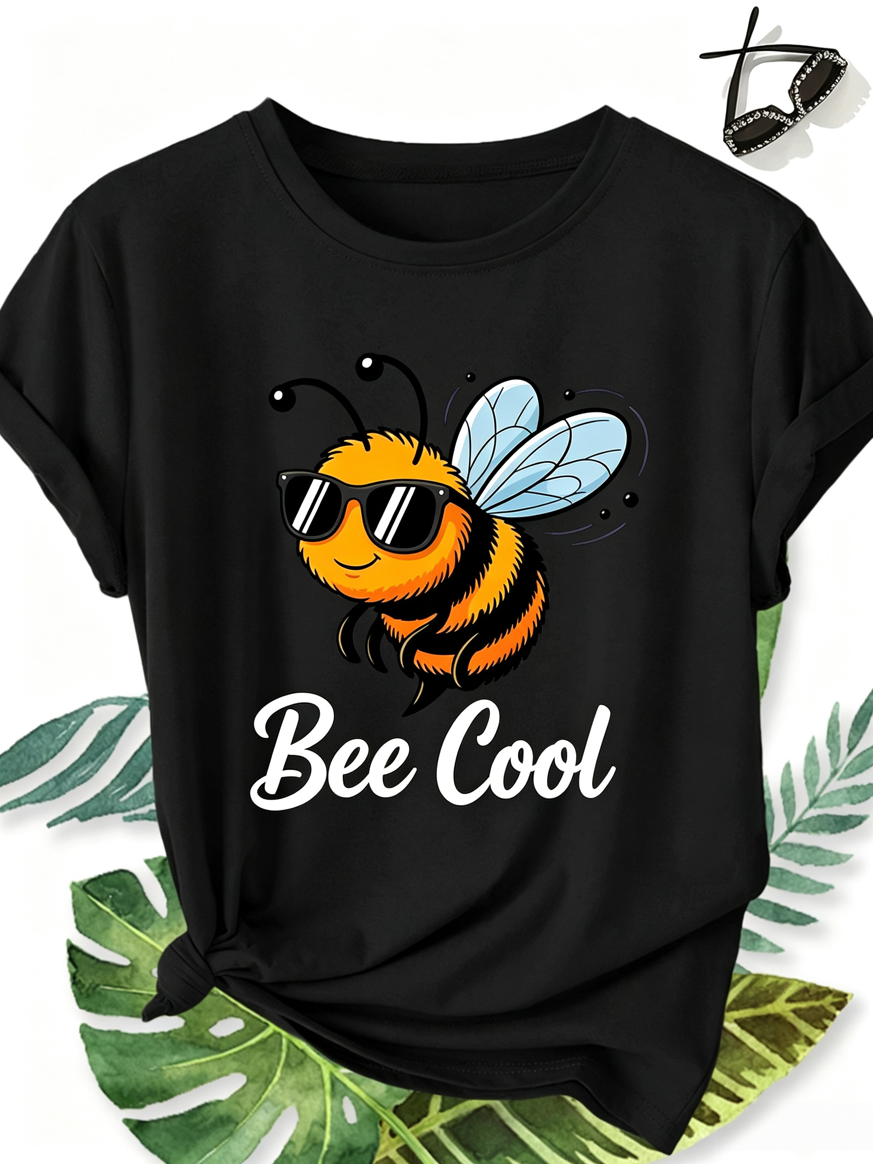 Women Bee Cool Cute Bee Graphic T‑Shirt, Crew Neck Short Sleeve Casual Animal Print Summer Tee Top