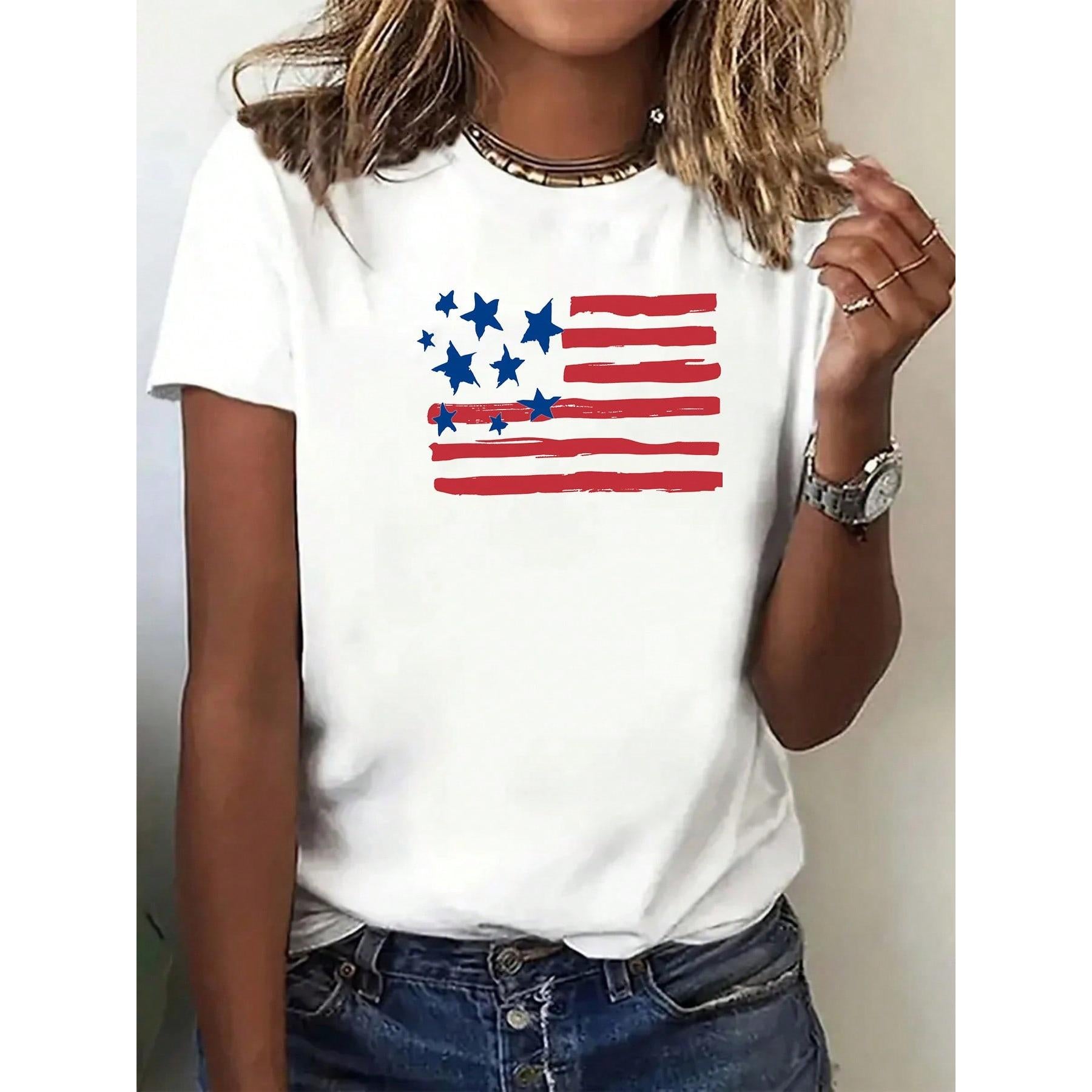 Women's Patriotic American Flag Print T-Shirt - Casual Short Sleeve Round Neck Top All-Season