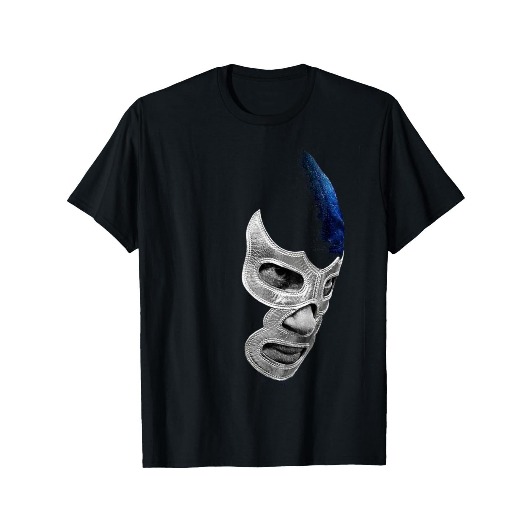 1 Men's Casual Cotton T-Shirt with Mexican Art Devil Blue Fighting Mexican Wrestler Legend App, Regular, Knitted Fabric, Geometric Pattern, Suitable for Sports, Running, Training, Hiking and Outdoor Activities, Unisex, Suitable for Teens and Adults,