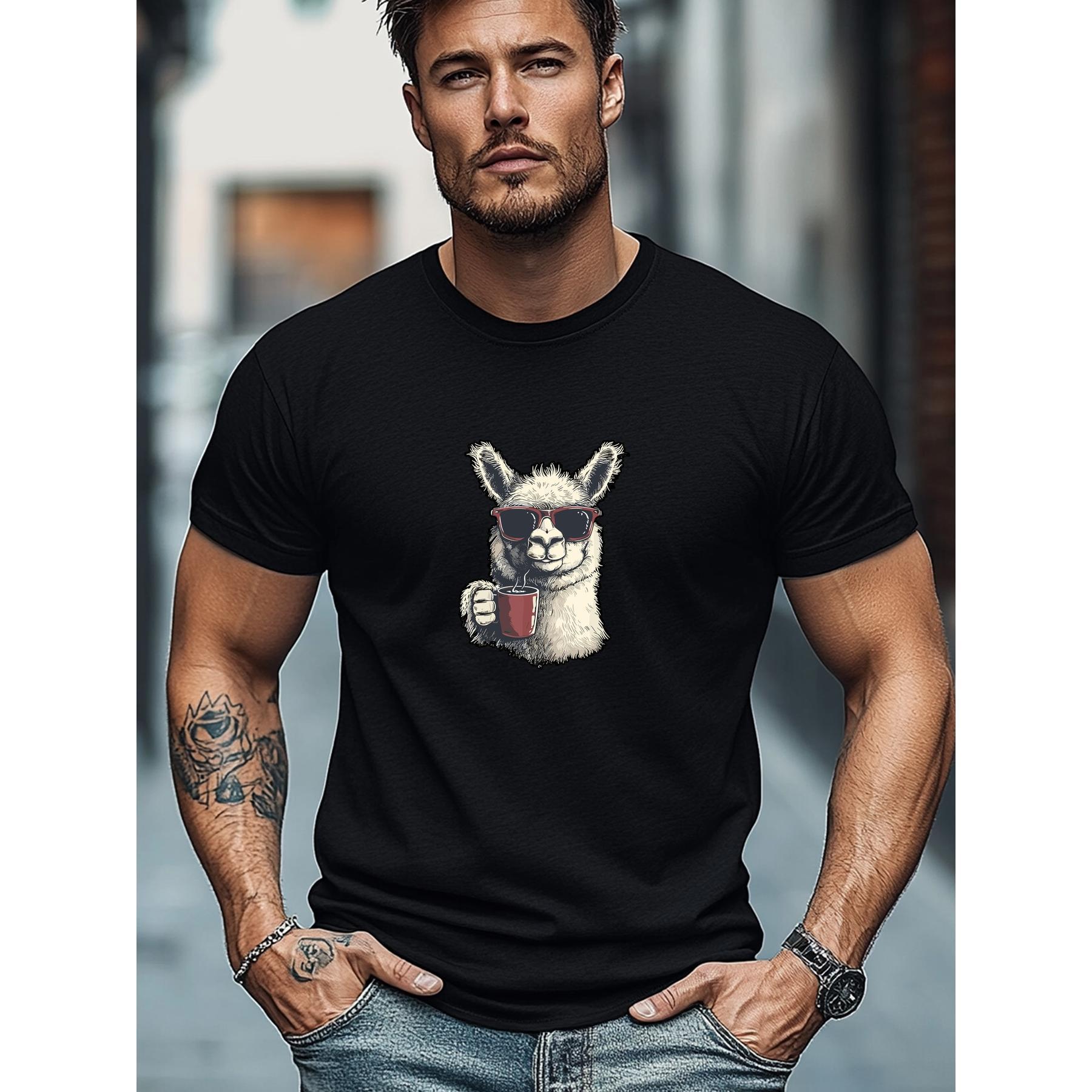 Men'S T-Shirt Men'S Sunglasses And Coffee Drinking Alpaca Pattern Summer Casual Round Neck Short Sleeve T-Shirt