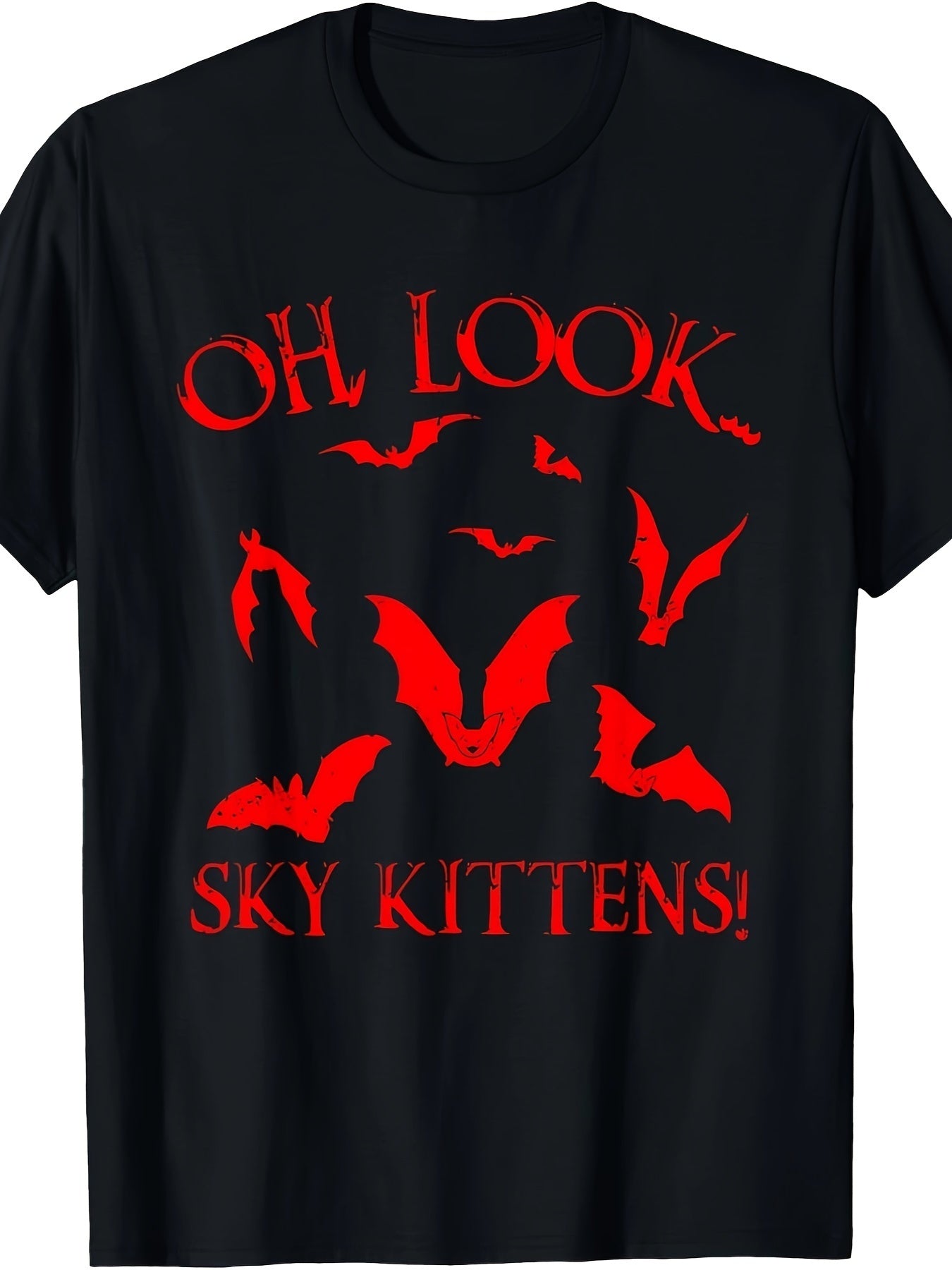 Oh Look Sky Kittens Spooky Red Bat Print T-Shirt, Funny Halloween Casual Crewneck Unisex Shirt For Fall Holiday Daily Party Wear