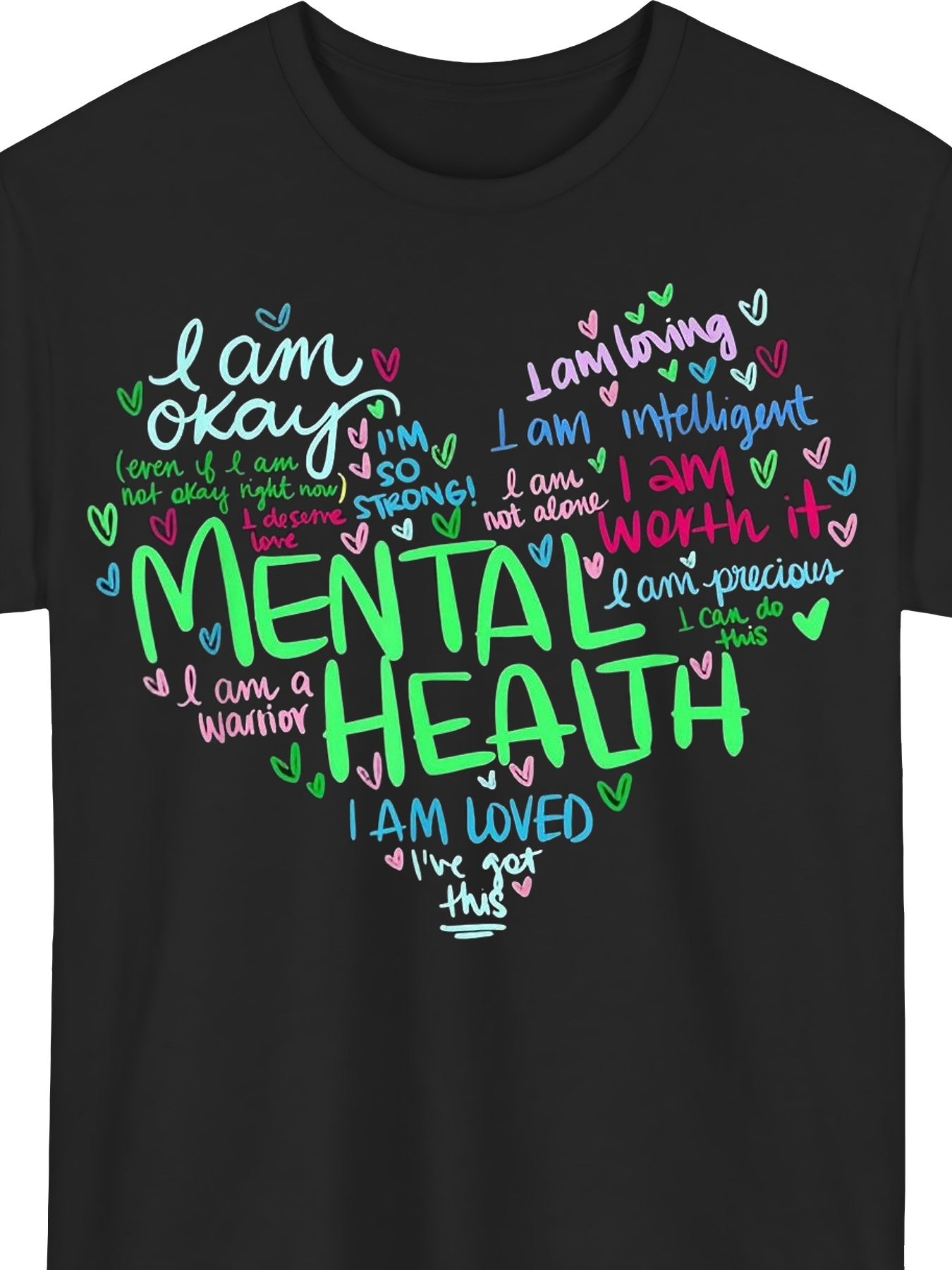 I Am Loved I Am Worthy Mental Health Awareness Positive Affirmation Graphic Tee for Men Women, Green Ribbon Self Care Short Sleeve T-Shirt, Casual Crew Neck Top for Wellness Advocate Gift