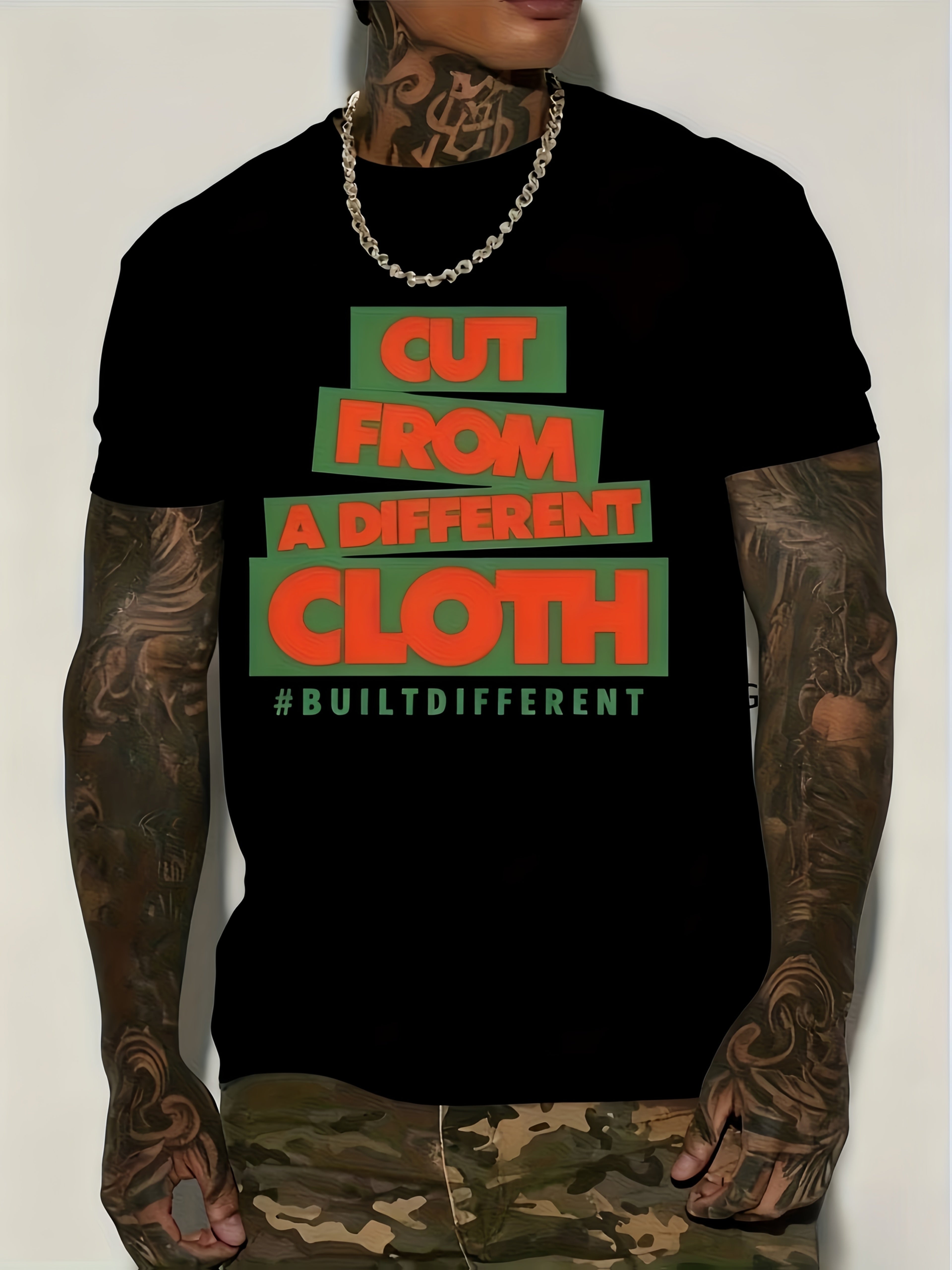 Men' Crew Neck T-Shirt Suitable for Seasons - Soft Comfortable Casual Shirt with "Cut From a Different Cloth Built Different" Slogan Print, Machine Washable Round Neck Tee for Gym