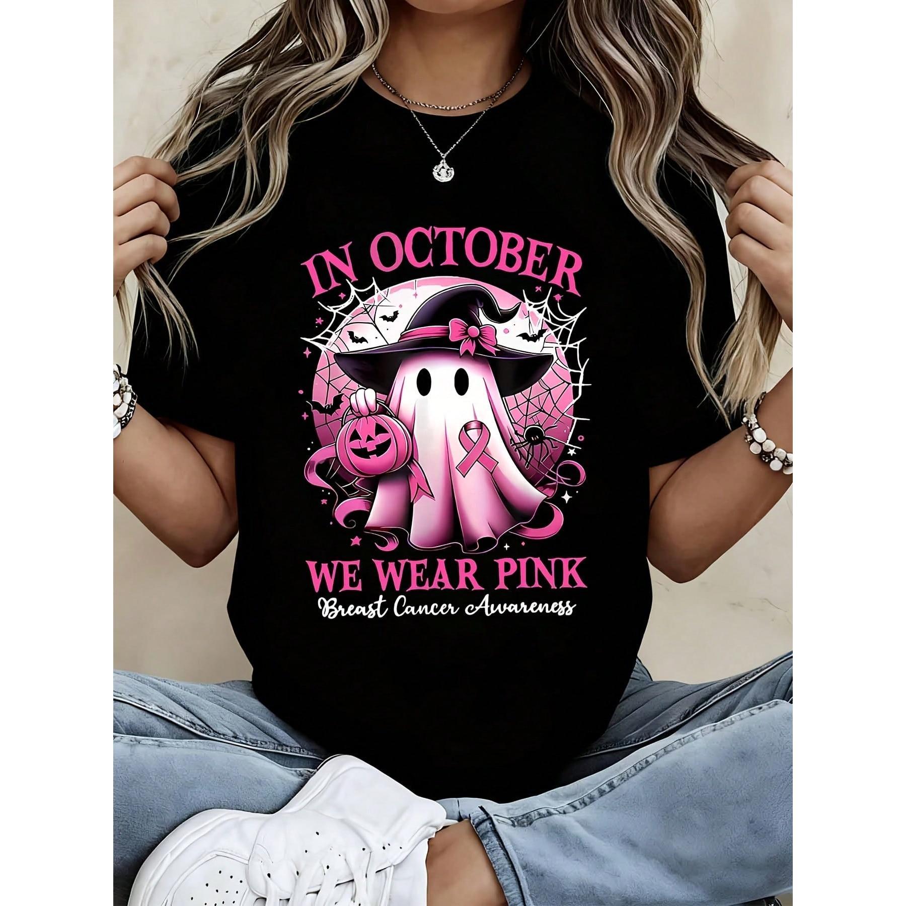 Women's T-Shirt, Pink Ghost Witch Halloween Breast Cancer Awareness Print, Casual Tee, October Festival, Awareness Support, Graphic Top, Cute H