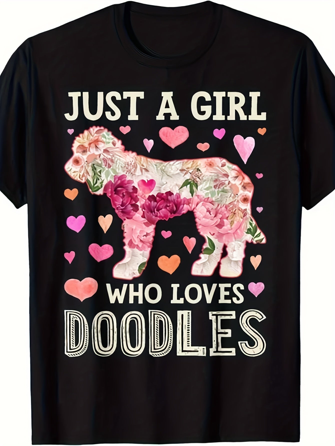 Just A Girl Who Loves Doodles Floral Goldendoodle Graphic T‑Shirt, Unisex Cotton Crew Neck Short Sleeve Tee, Dog Lover Casual Novelty Shirt, Gift For Goldendoodle Owners