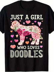 Just A Girl Who Loves Doodles Floral Goldendoodle Graphic T‑Shirt, Unisex Cotton Crew Neck Short Sleeve Tee, Dog Lover Casual Novelty Shirt, Gift For Goldendoodle Owners