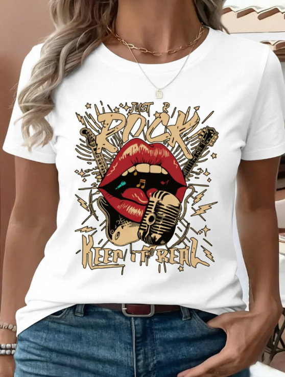 Women's Vintage Rock Music Graphic T‑Shirt, Retro Lips Microphone Guitar Rock‑n‑Roll Print Crew Neck Short Sleeve Casual Summer Tee