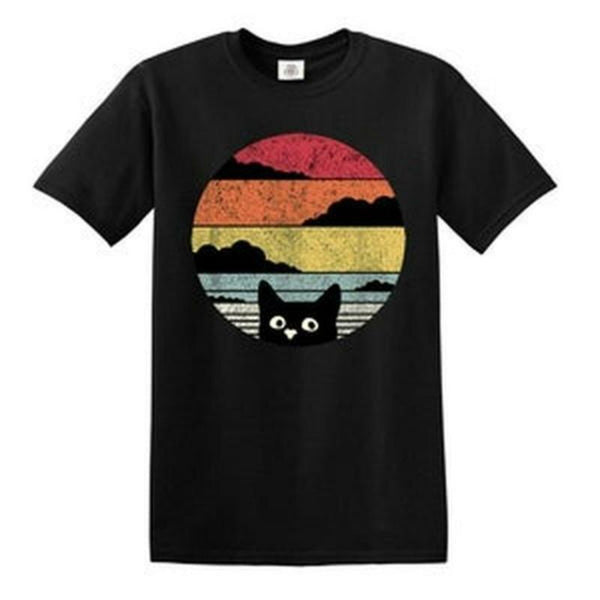 Cat Sunset Retro Printed T-Shirt