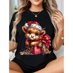 Funny Christmas Highland Cow Shirt, Coquette Christmas Highland Cow T-Shirt, Plus Size Women's Vibrant Farmer Christmas Tee, Merry Christmas Heifers Top, Cow Animal Lover Xmas Gift