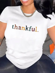 Women Thanksgiving Holiday Printed T‑Shirt, Thankful Vintage Letter Graphic Crew Neck Short Sleeve Top