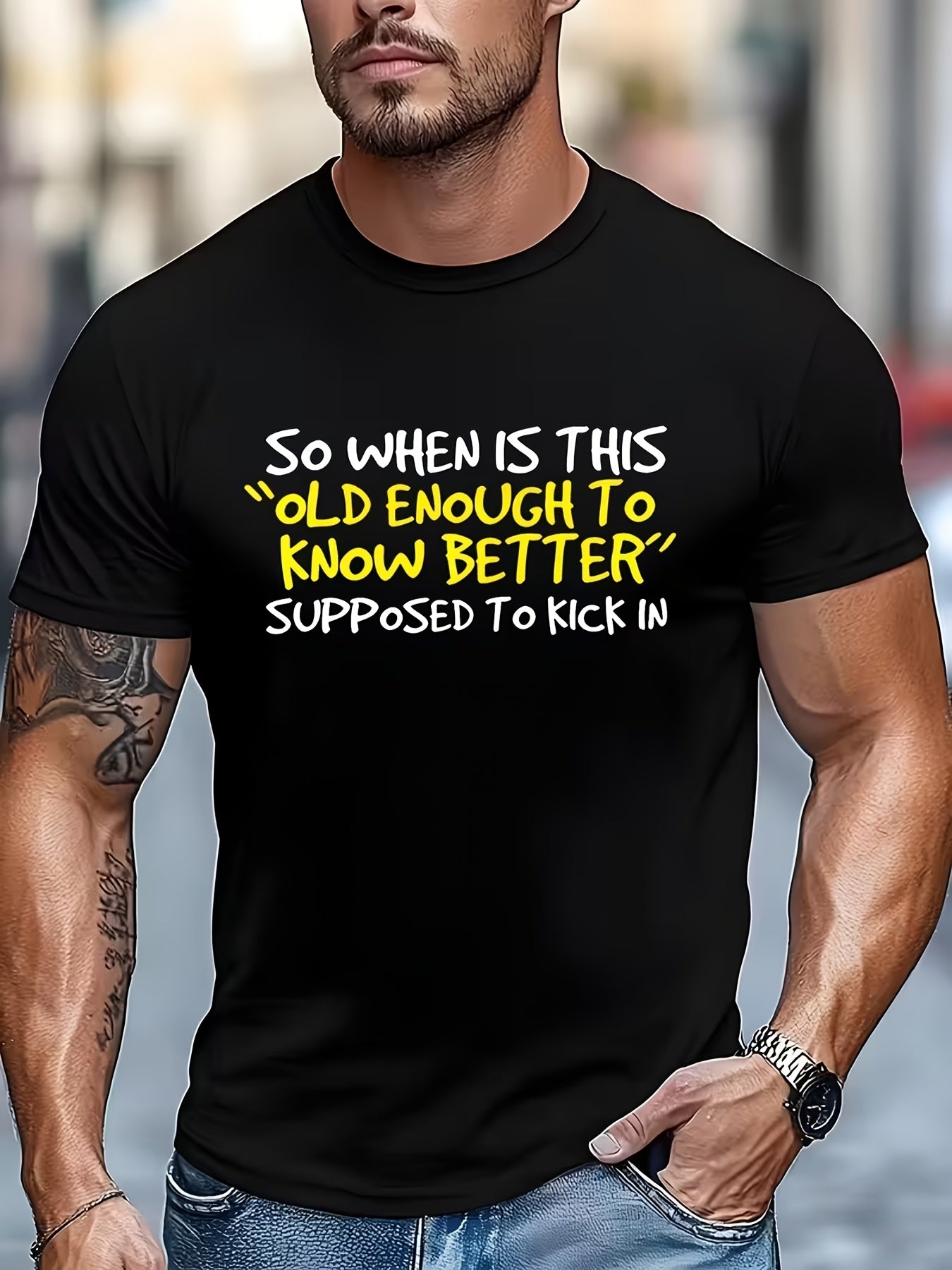 Funny "Old Enough to Know Better" Graphic T-Shirt for Men, Humorous Quote Letter Print Tee, Casual Crew Neck Short Sleeve Shirt, Everyday Humor Top, Comfortable Gift for Dad, Husband, Brother or Frie