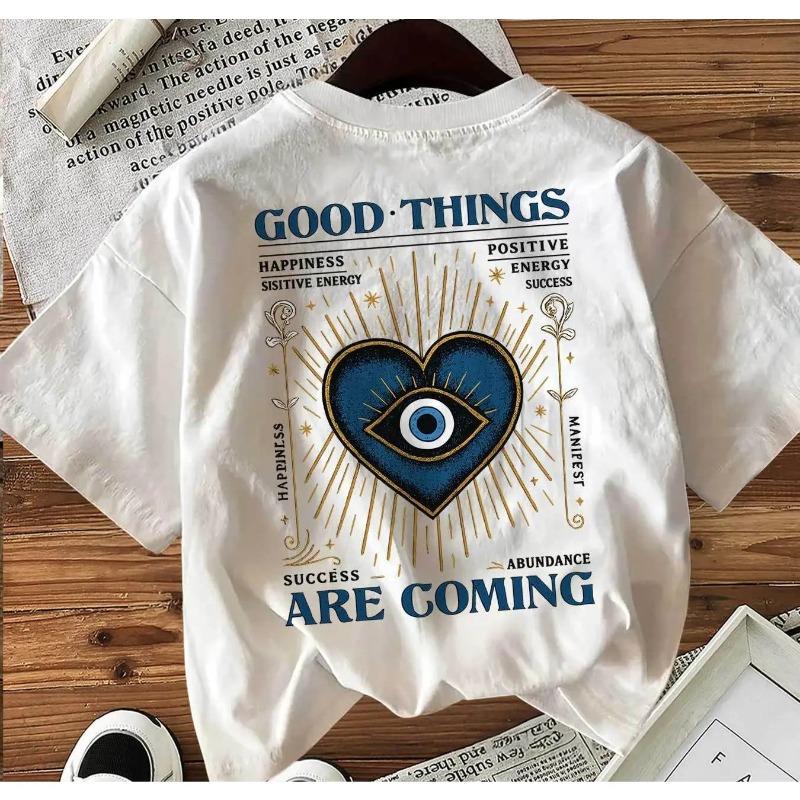 Women's Short-Sleeve Graphic T-Shirt - Double-Sided Printed, Retro Style, Evil Eye/Heart/GOOD THINGS HAPPINESS Designs, Round Neck, Loose Comfortable Fabric, Spring-Summer Casual Wear, Tshirt, Shortsleeve, Bottoms, Essential