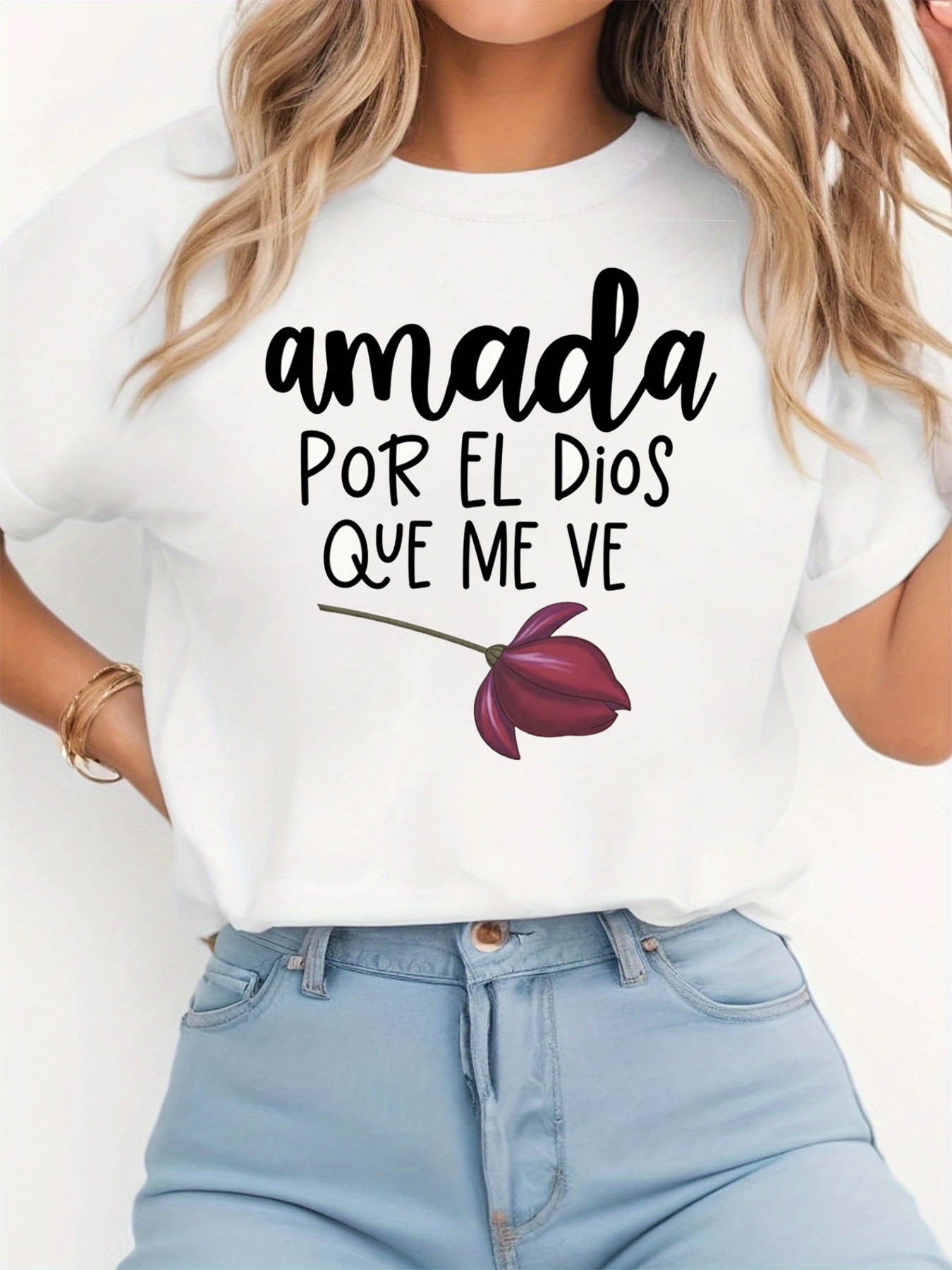 Ladies' Short-Sleeve Round-Neck Casual T-Shirt Printed with 'Loved by The God Who Sees Me' - Perfect for Everyday Wear, Outings, And Holiday Gifts