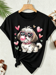Cute Shih Tzu Dog Heart Sunglasses Bubble Gum Graphic T‑Shirt for Women, Sweet Pet Lover Short Sleeve Casual Tee Top