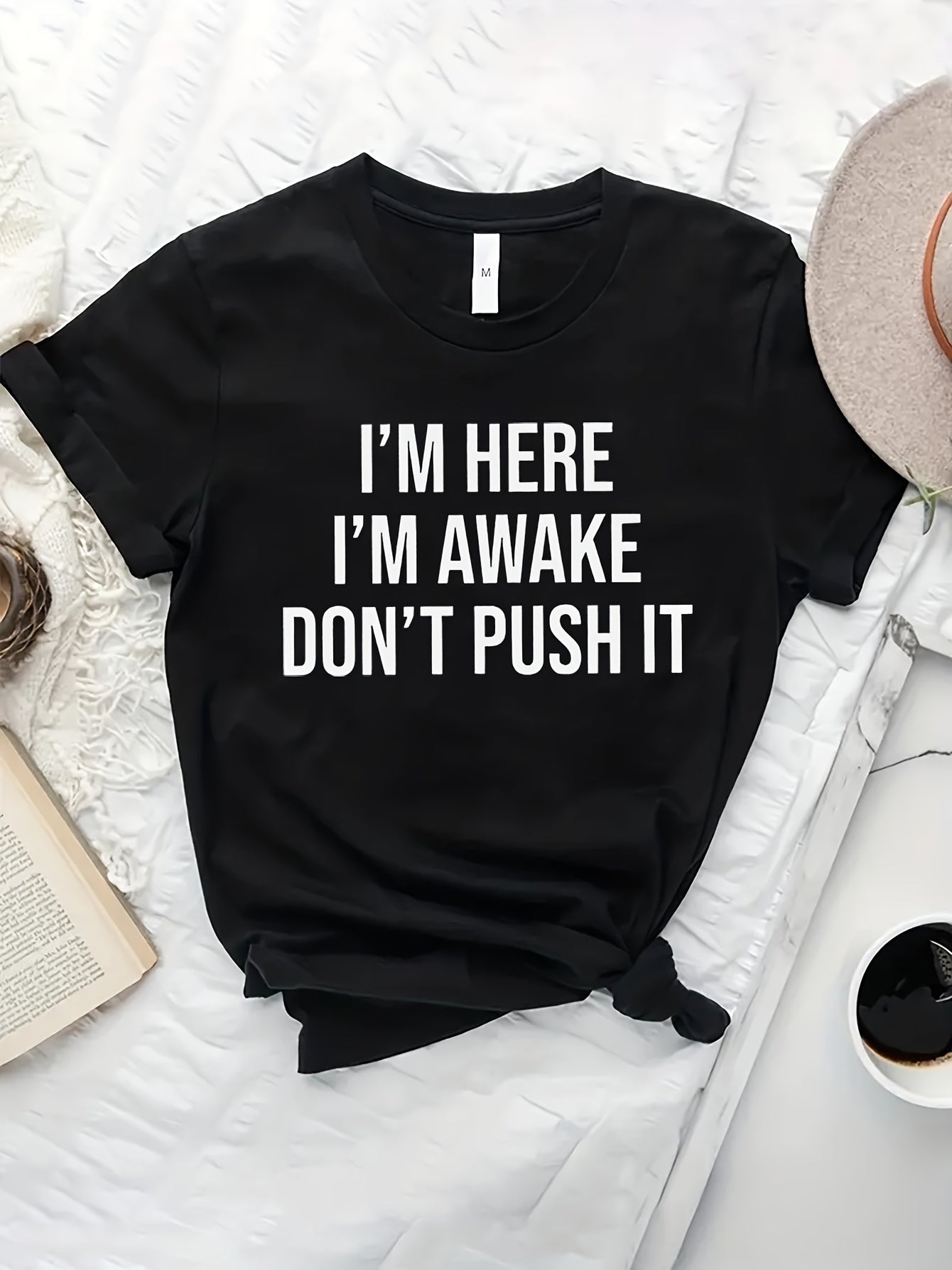 I'M AWAKE Letter Print T-shirt, Short Sleeve Crew Neck Casual Top For Summer & Spring, Women's Clothing