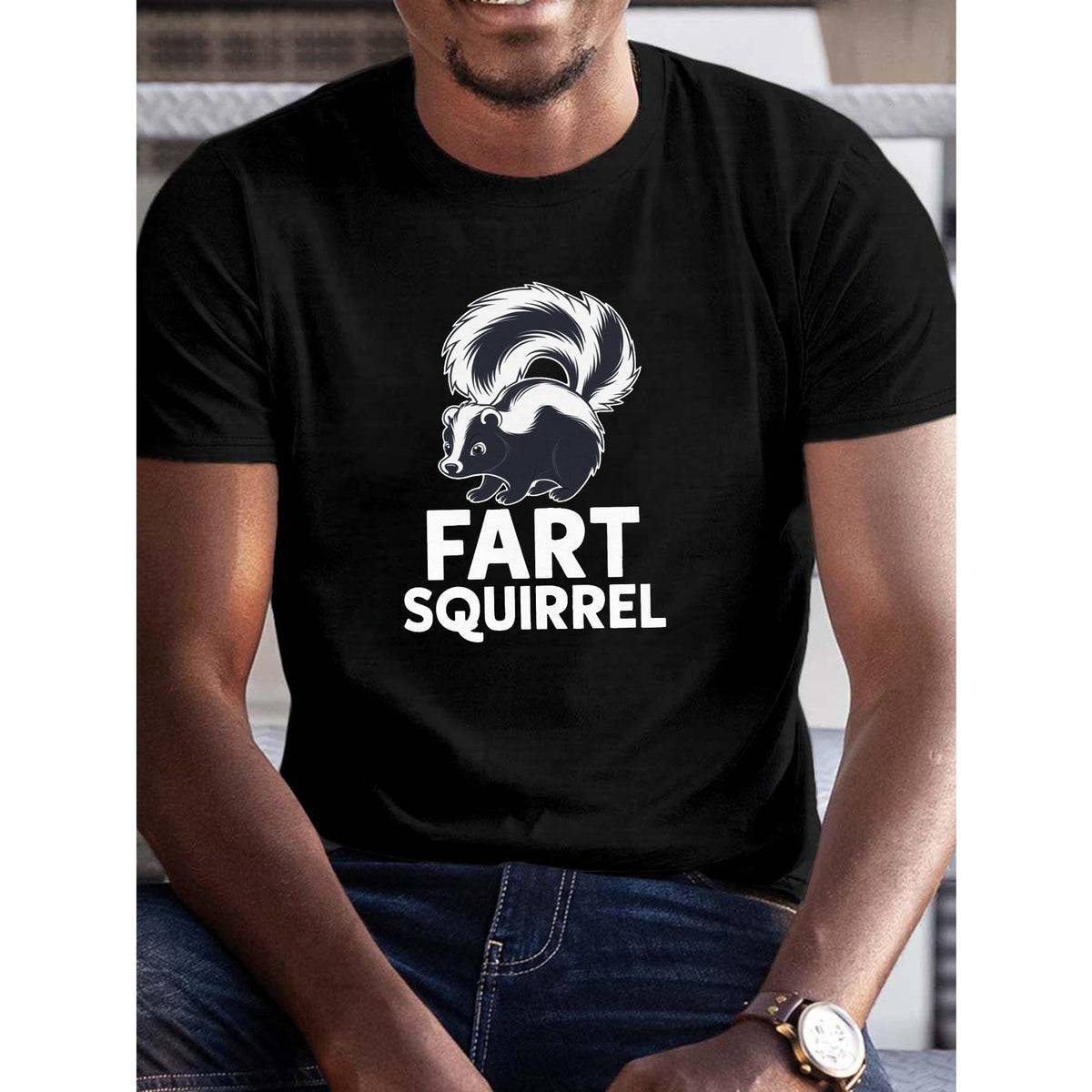 Men's Crew Neck T-Shirt with Skunk Graphic Casual Summer Tee Adult Humorous "Fart Squirrel" Print Short Sleeve Top