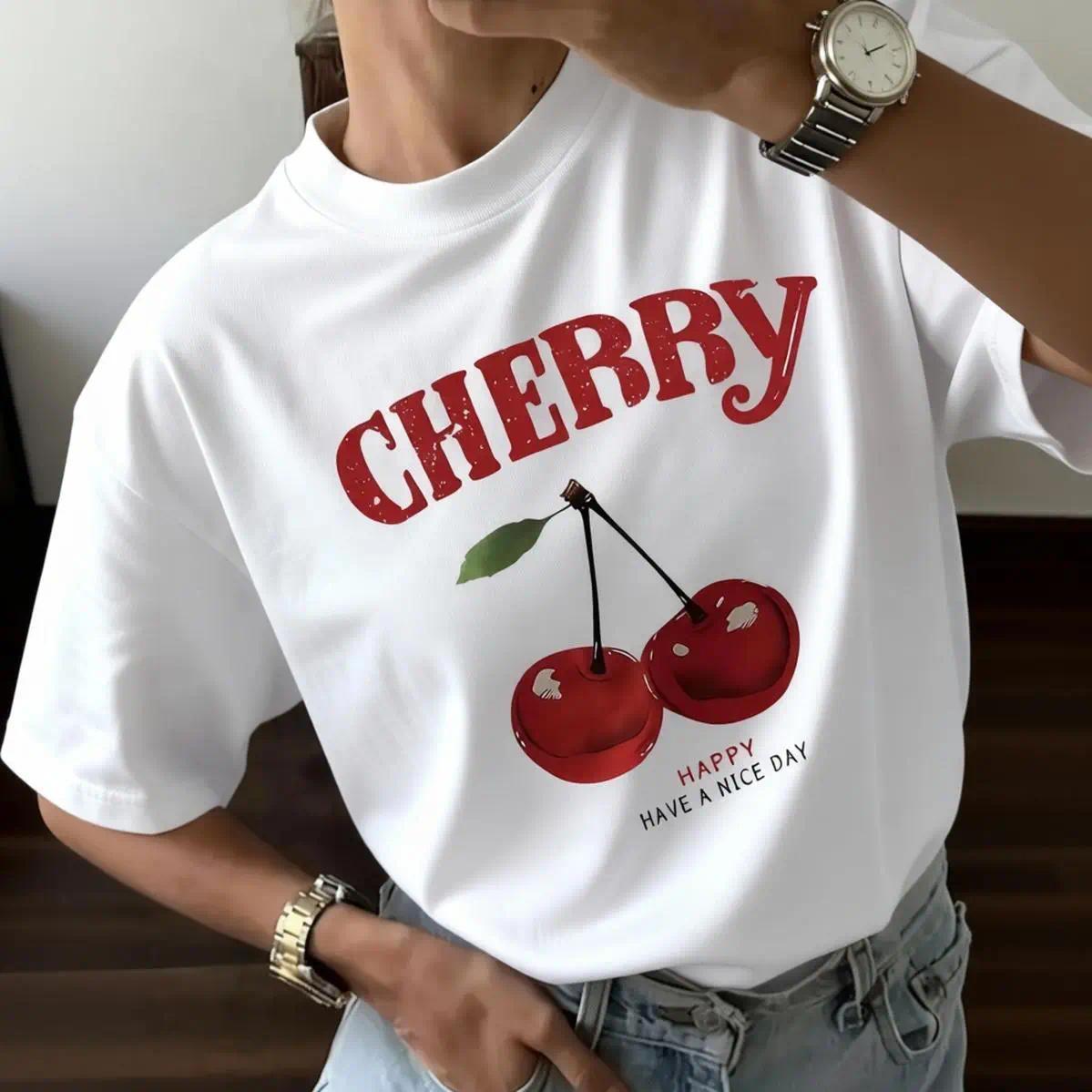 Casual Streetwear Tshirt with Cherry Letter Graphic, Women's Cotton Shortsleeve Round Neck Fashion Top