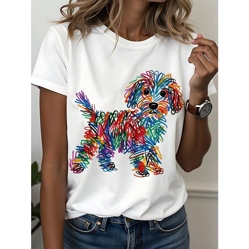 Womens Graphic Tee Rainbow Line Puppy Print Casual Design T Shirt Streetwear Style Crewneck Short Sleeve Soft Cotton Breathable Comfortable Fit Loose Fit Daily Wear Pet Lover Cute Trendy Aesthetic Fashion Top
