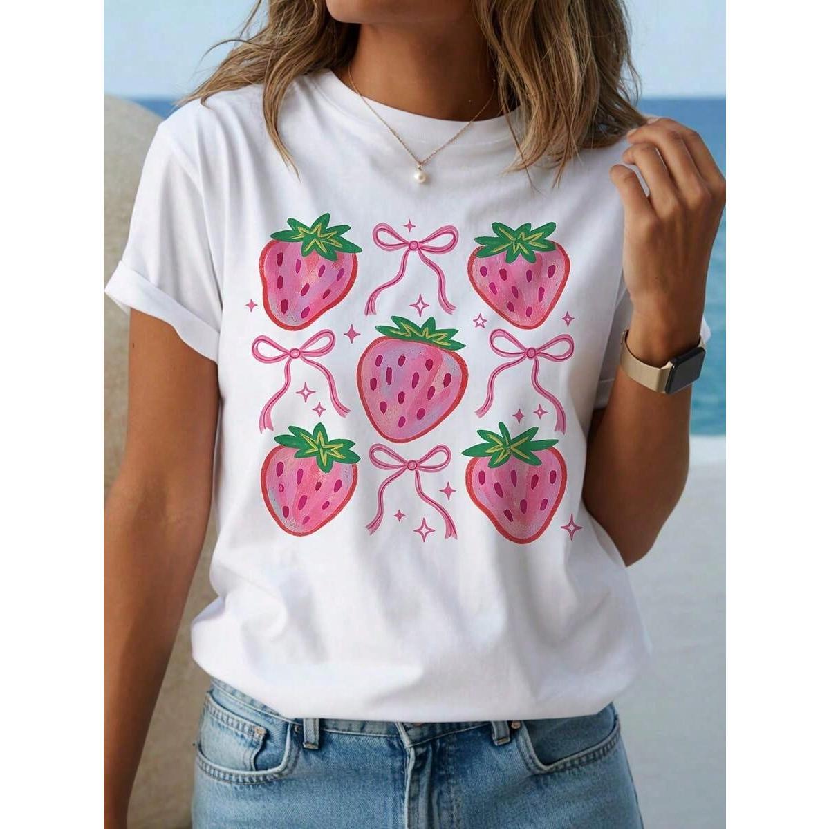 Cute Strawberry Print T-Shirt - Red Strawberries And Pink Bows, Short-Sleeve Top, White Casual Beach Summer Shirt, Suitable, Cute Style Strawberry Shirt