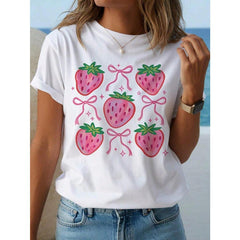 Cute Strawberry Print T-Shirt - Red Strawberries And Pink Bows, Short-Sleeve Top, White Casual Beach Summer Shirt, Suitable, Cute Style Strawberry Shirt