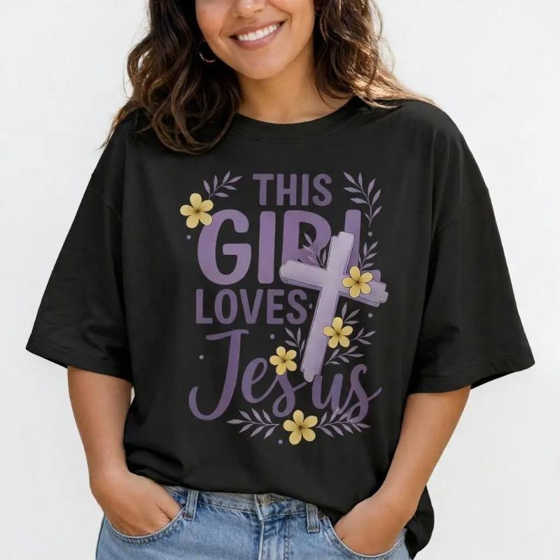 This Girl Loves Jesus Shirt Women Plus Size Christian Faith Graphic Tee Floral Cross Top