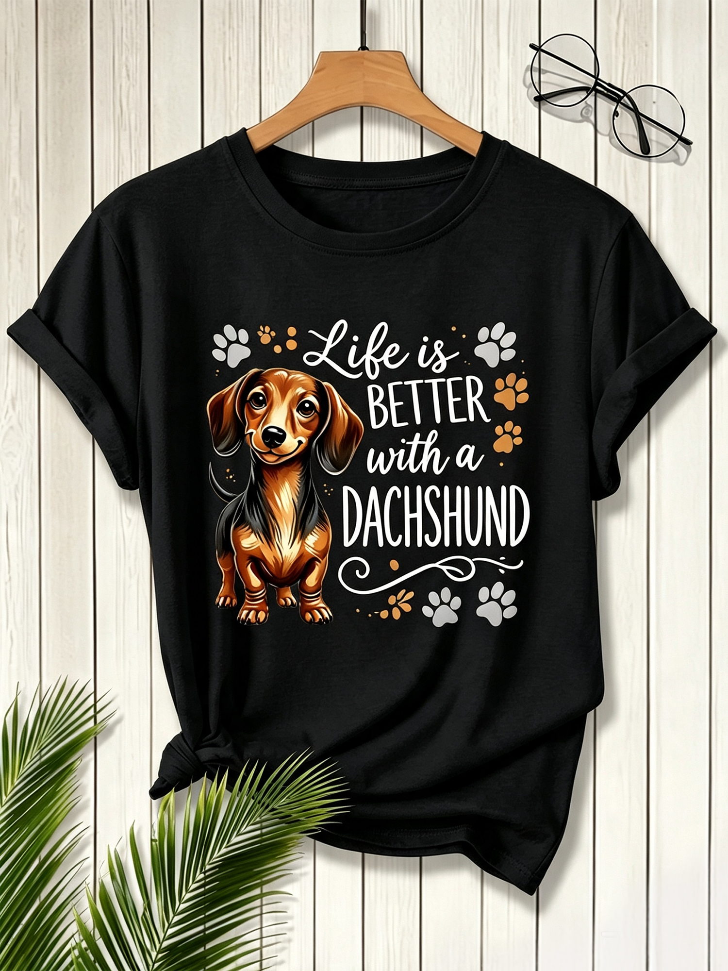 Life Is Better With A Dachshund Graphic T-Shirt, Cute Wiener Dog Paw Print Casual Short Sleeve Top For Dog Owners Pet Lovers Unisex Daily Shirt