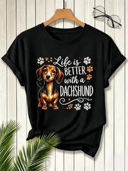 Life Is Better With A Dachshund Graphic T-Shirt, Cute Wiener Dog Paw Print Casual Short Sleeve Top For Dog Owners Pet Lovers Unisex Daily Shirt