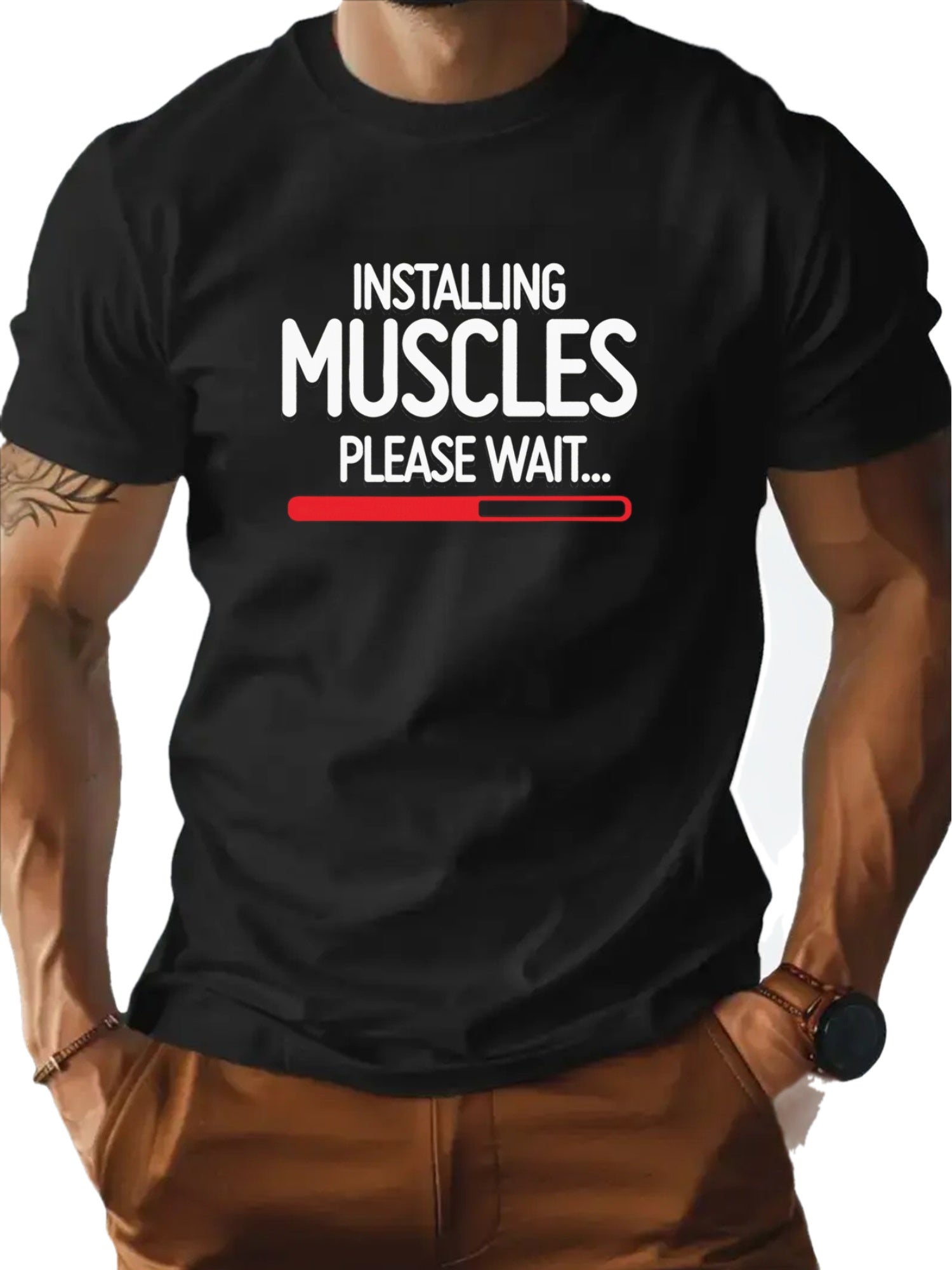 Men's Funny Gym Graphic T-Shirt, Installing Muscles Please Wait Fitness Quote Tee, Workout Short Sleeve Crew Neck Cotton Shirt, Bodybuilding Gift for Gym Lovers