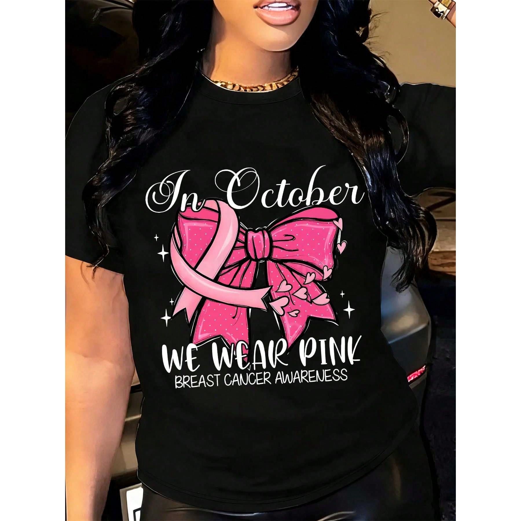 October Breast Cancer Awareness Women's T-Shirt Casual Top In October We Wear Pink Ribbon Bow Graphic Print Short Sleeve Crew Neck Daily Wear