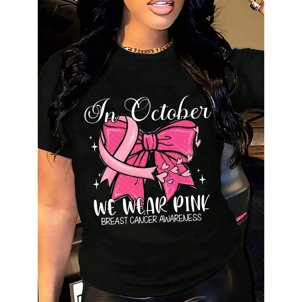 October Breast Cancer Awareness Women's T-Shirt Casual Top In October We Wear Pink Ribbon Bow Graphic Print Short Sleeve Crew Neck Daily Wear