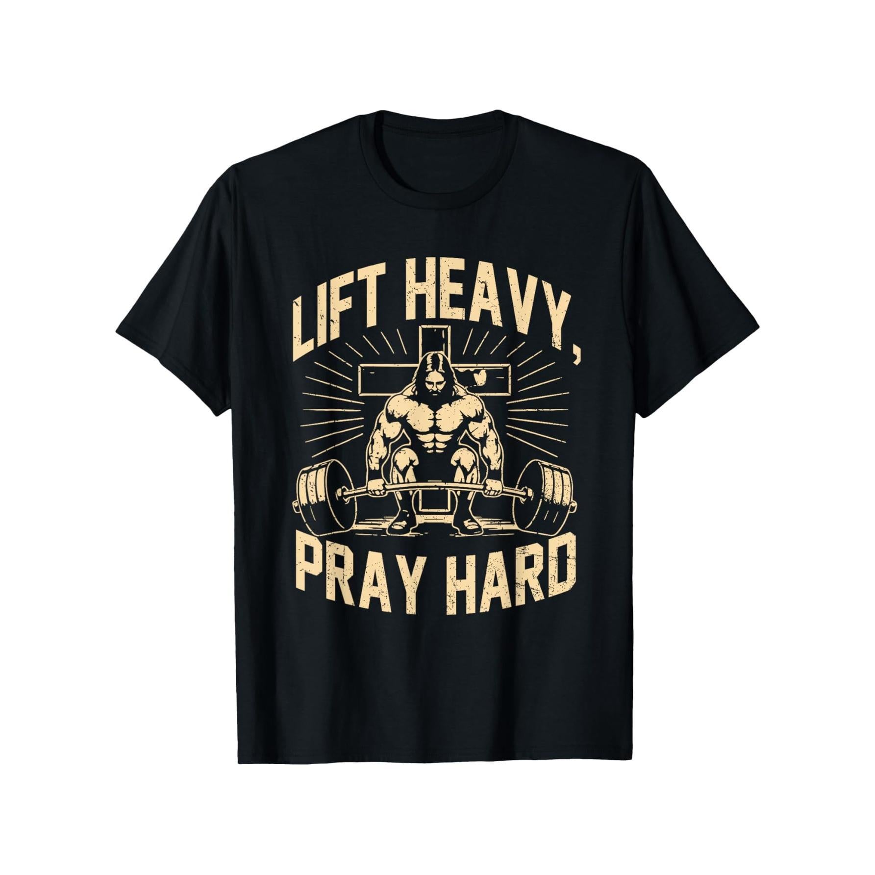 Christian Workout T-Shirt with Golden Lettering - Lift Heavy Pray Hard Gym Shirt, Faith-Based Fitness Apparel, Religious Weightlifting Design for Church, Gym & Casual Wear