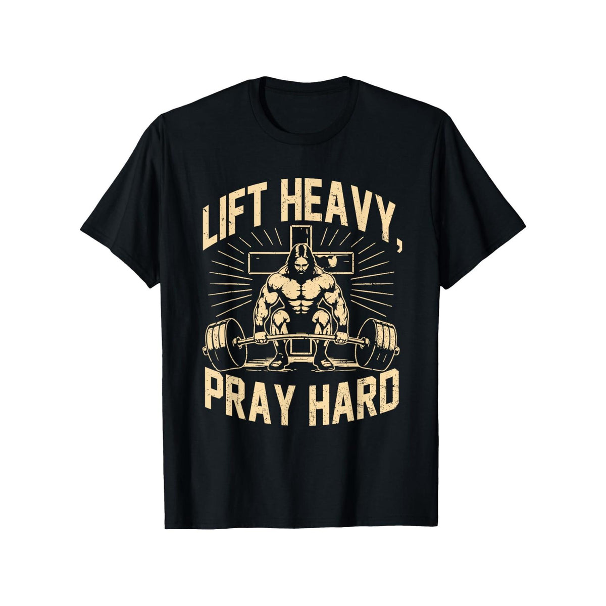 Christian Workout T-Shirt with Golden Lettering - Lift Heavy Pray Hard Gym Shirt, Faith-Based Fitness Apparel, Religious Weightlifting Design for Church, Gym & Casual Wear
