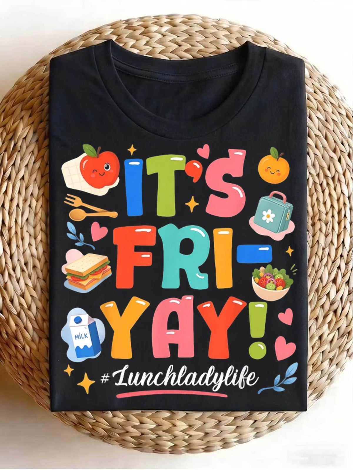 It's Fri-Yay Lunch Lady Life Graphic Tee, Cute Cartoon Food Apple Milk Print Casual Crewneck Short Sleeve T-Shirt for Women