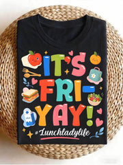 It's Fri-Yay Lunch Lady Life Graphic Tee, Cute Cartoon Food Apple Milk Print Casual Crewneck Short Sleeve T-Shirt for Women