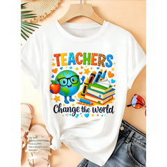 Fun & Colorful Graphic Tee – Soft Stretchy Round Neck Casual Shirt for Women, Cute Spring Summer Statement Top