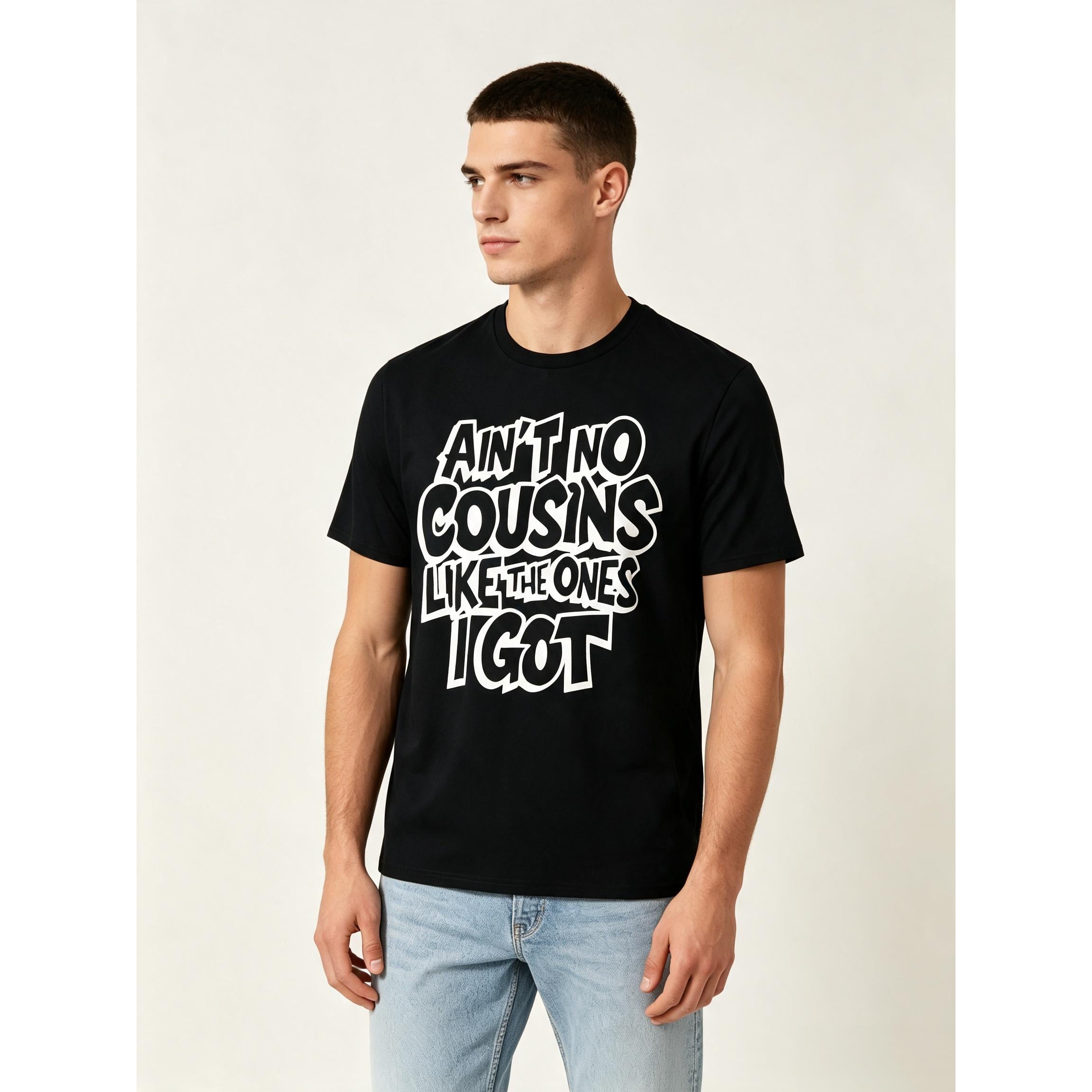 Funny Cousin Crew T-Shirt, Casual Crew Neck Short Sleeve Tee, Breathable Fabric, Slight Stretch, Summer Fashion Top, Regular Fit, Summer Trendy T-Shirt