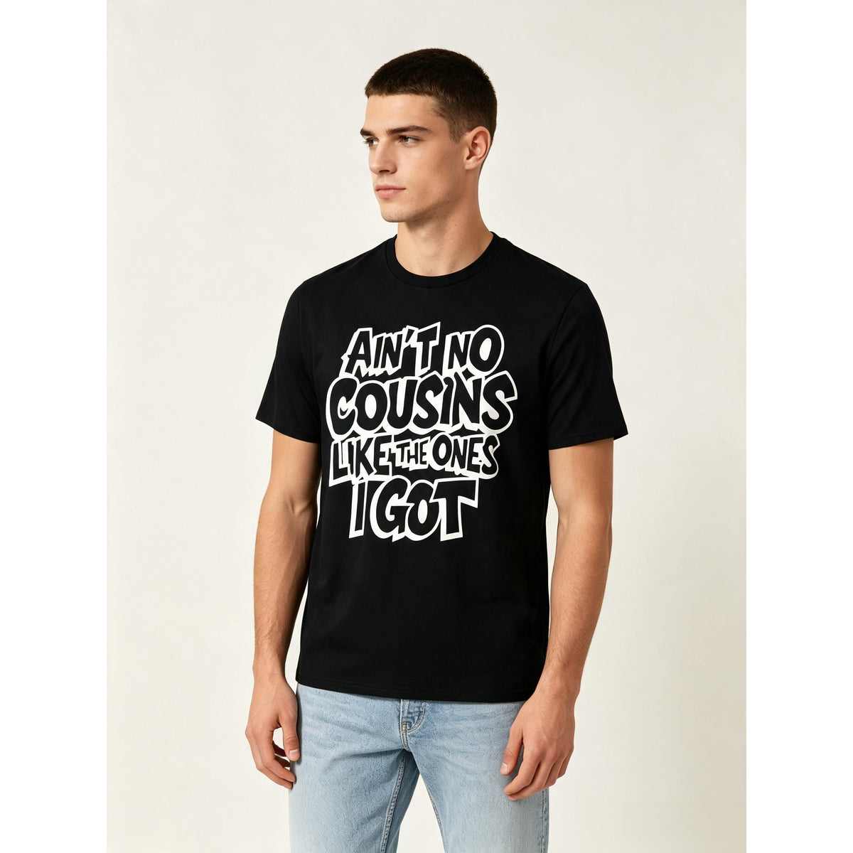 Funny Cousin Crew T-Shirt, Casual Crew Neck Short Sleeve Tee, Breathable Fabric, Slight Stretch, Summer Fashion Top, Regular Fit, Summer Trendy T-Shirt