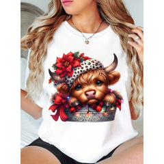 Funny Christmas Highland Cow Shirt, Coquette Christmas Highland Cow T-Shirt, Plus Size Women's Vibrant Farmer Christmas Tee, Merry Christmas Heifers Top, Cow Animal Lover Xmas Gift