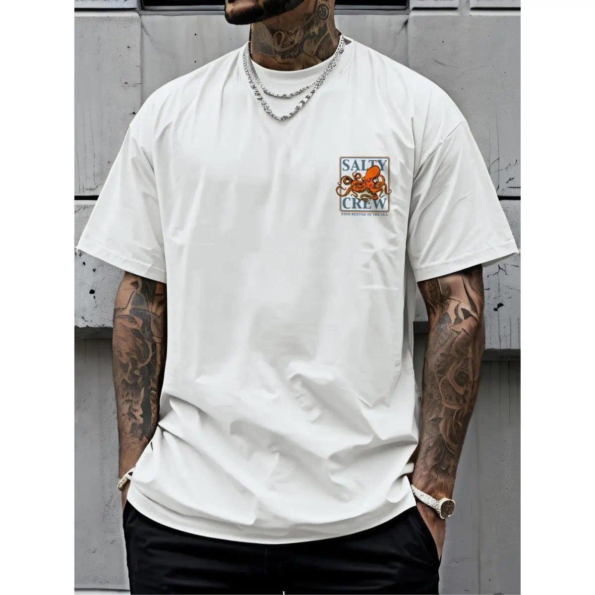 Men's Octopus Print Round Neck Tee, Fashion Casual Short Sleeve T-shirt