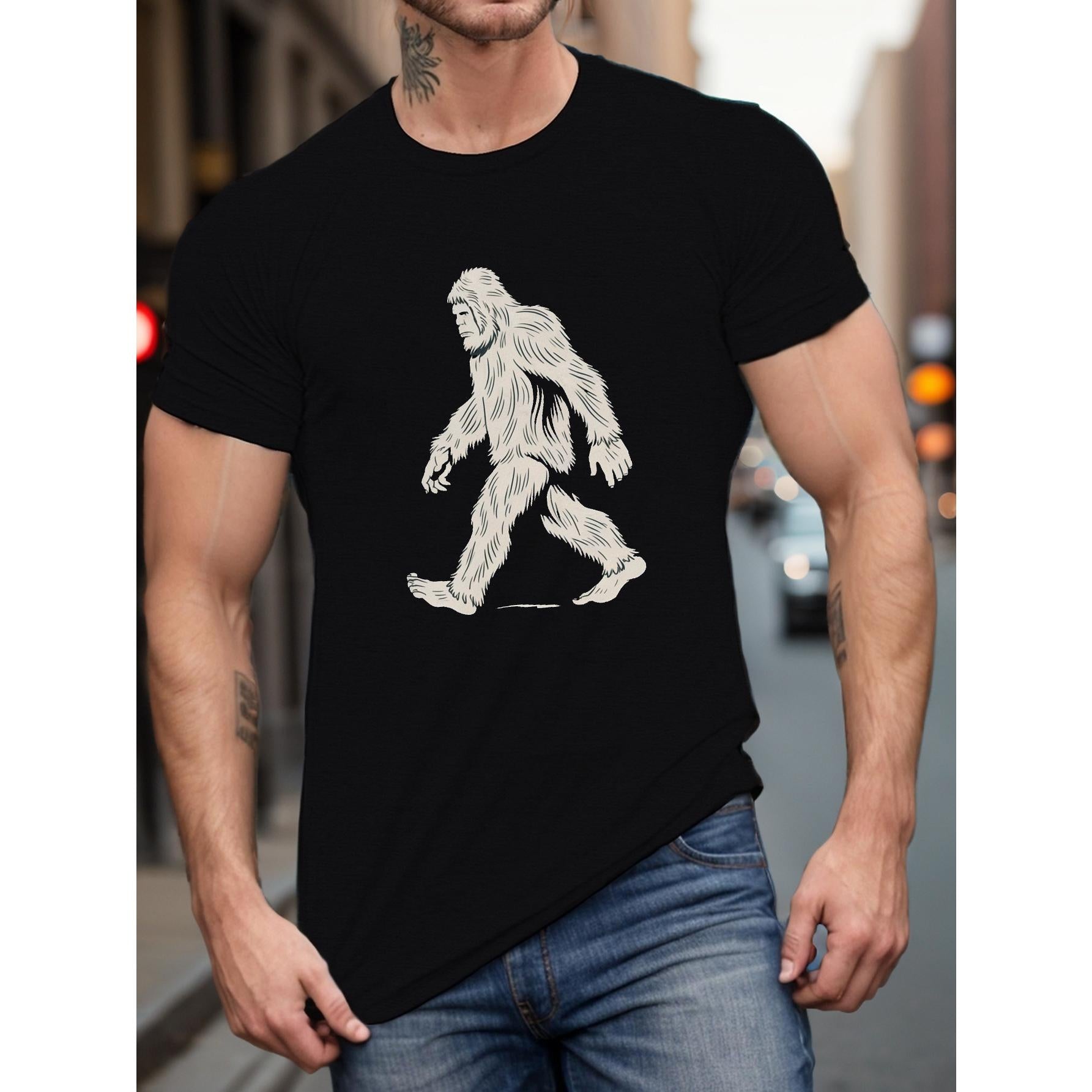 Men's Summer T-shirt, Sasquatch Silhouette Walking Graphic Print Short Sleeve Tees, Trendy Casual Tops for Daily Life