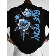 [Men's T-Shirt] New Men's T-Shirt, American Street Style Blue Peony Print T-Shirt