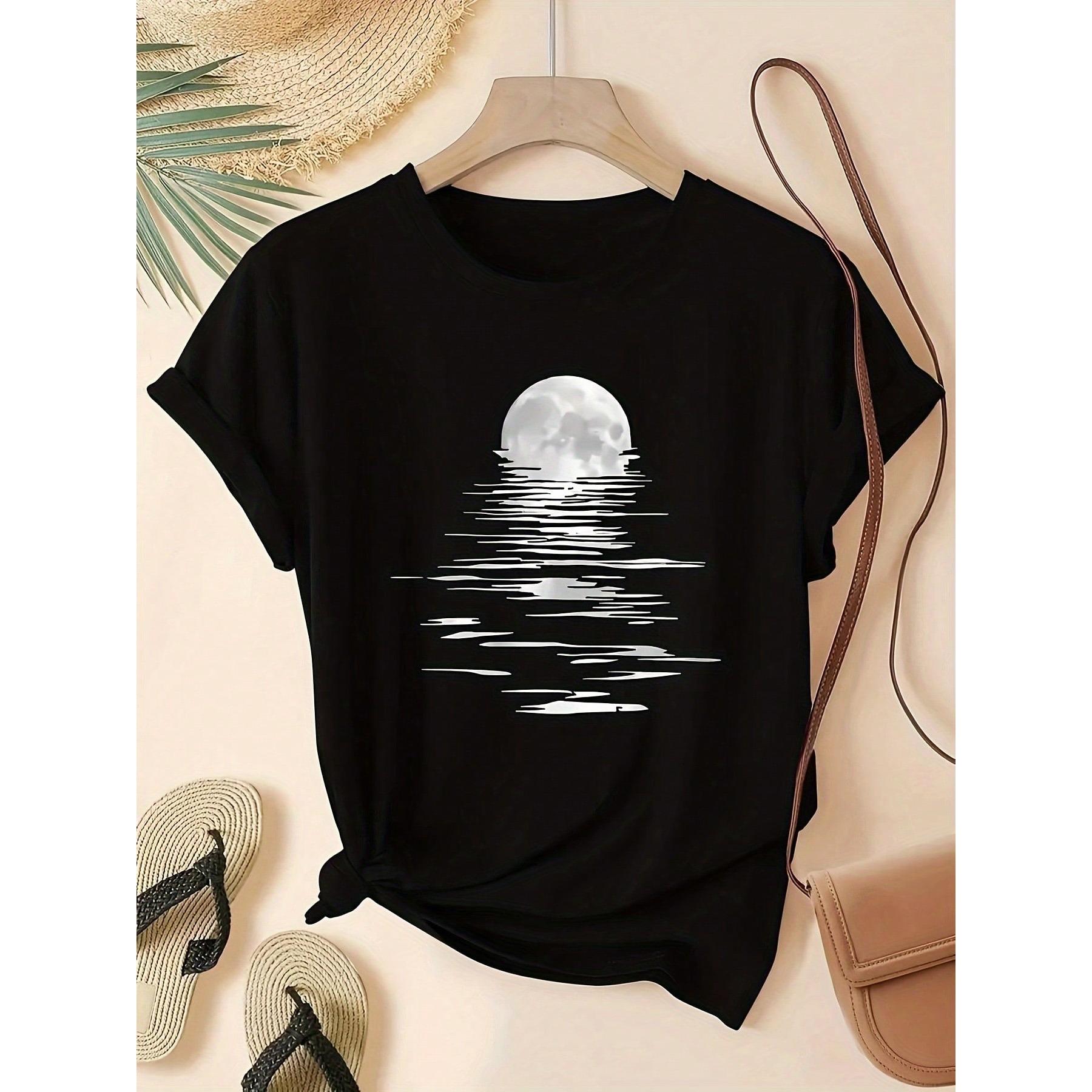 Women's Moon-Print T-Shirt - Casual Crew Neck, Short Sleeves, Black-And-White Moon Pattern Design, Perfect For Everyday Wear