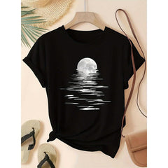 Women's Moon-Print T-Shirt - Casual Crew Neck, Short Sleeves, Black-And-White Moon Pattern Design, Perfect For Everyday Wear
