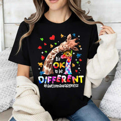It‘s OK to Be Different Autism Awareness T-Shirt - Giraffe Puzzle Pieces & Hearts Graphic Tee, Unisex Casual Top