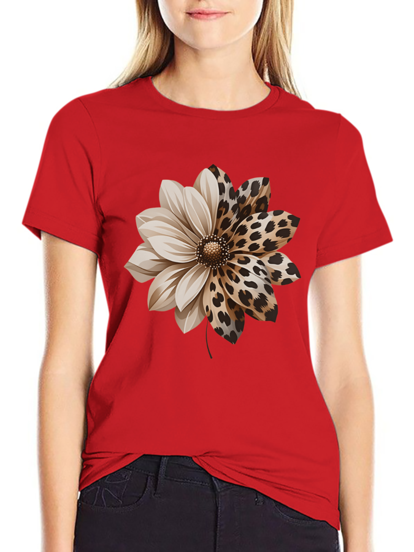 Women'S Elegant Style Plus Size Short Sleeve, Half Leopard Print Half Solid Dahlia Pattern Round Neck Comfortable